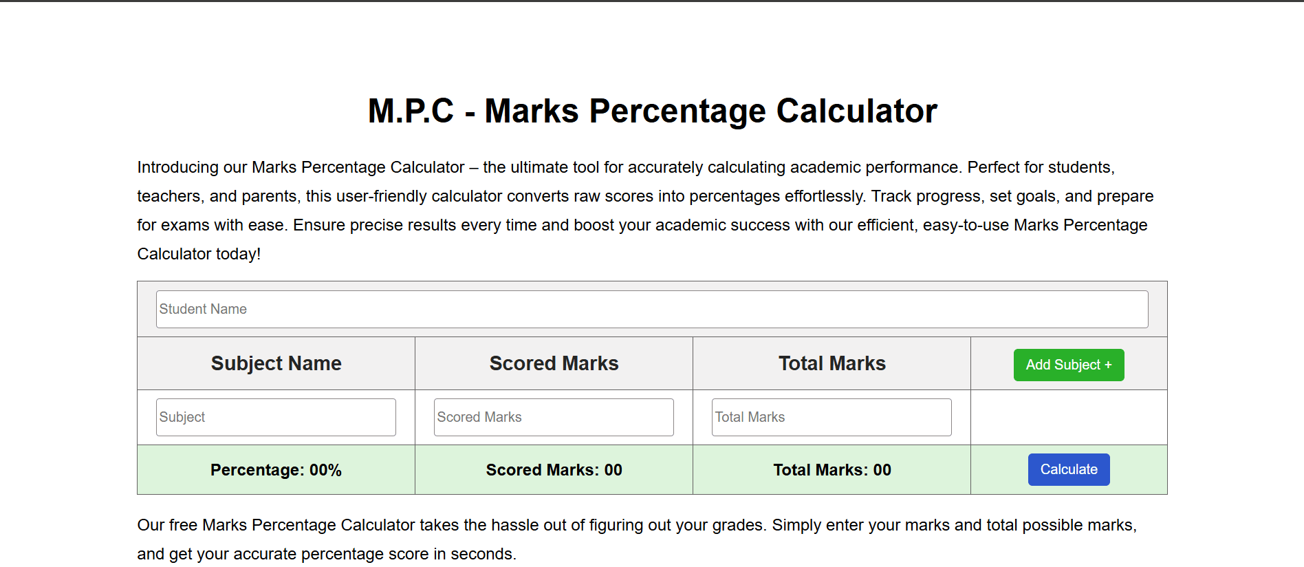 M.C.P : Marks & Percentage Calculator